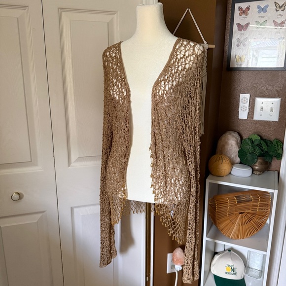 NY Collection Tops - NY Collection Gold Crochet Fringe Beaded Open Cardigan / Size 2x